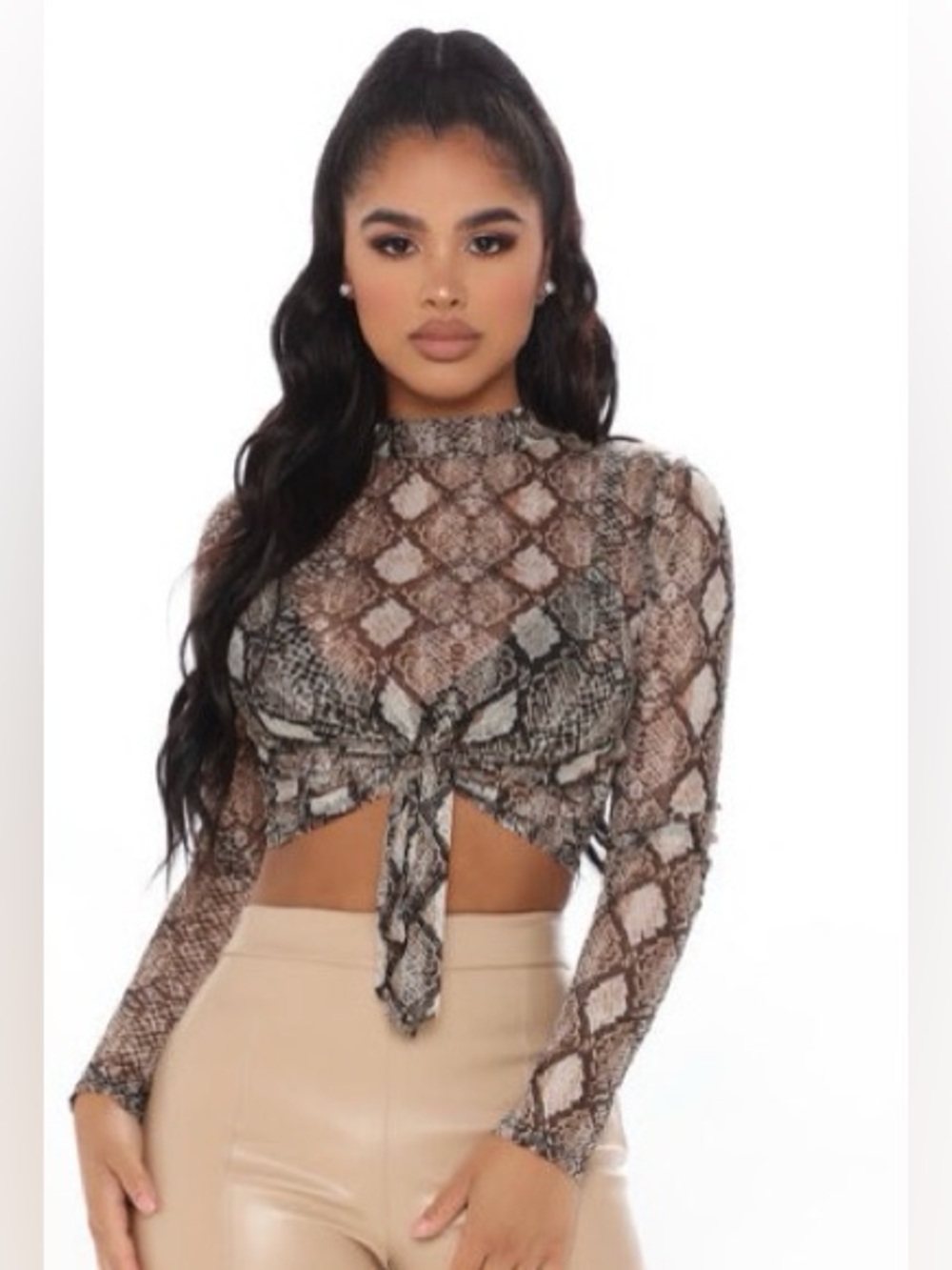 Fashion Nova Brown Snake-Print Tie-Front Long Sleeve Crop Top